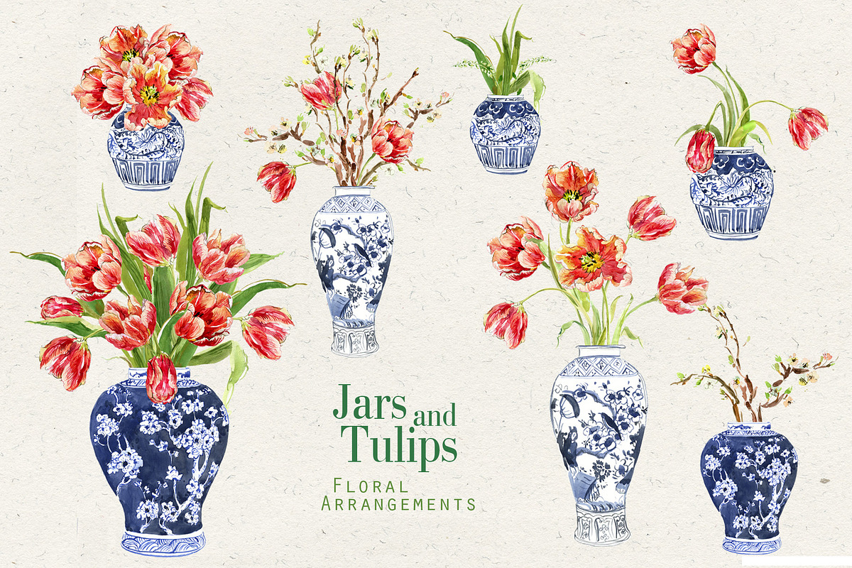Jars and Tulips. Watercolor Set, a Decorative Illustration by Irina Dolgikh (Photo 6 of 12)