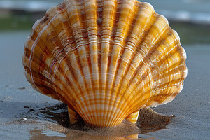 Bright seashell with golden stripes standing in wet sand reflect, a Photo by José Manuel Gelpi