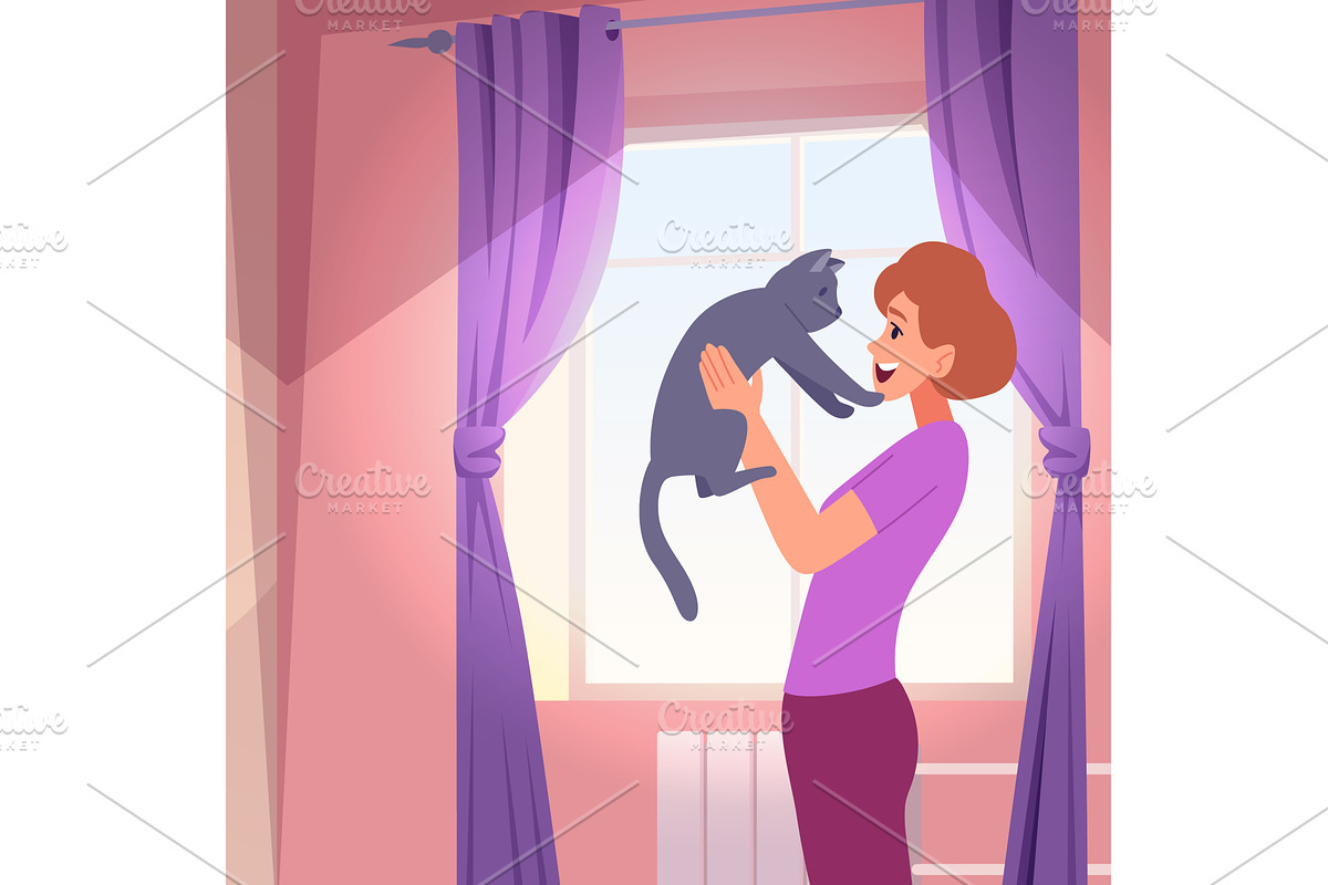 Cat owner. happy female character, an Animal Illustration by Onyx