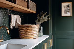 Laundry room interior featuring a dark green color scheme, herringbone tile bac, an Architecture Photo by Studio ANNA