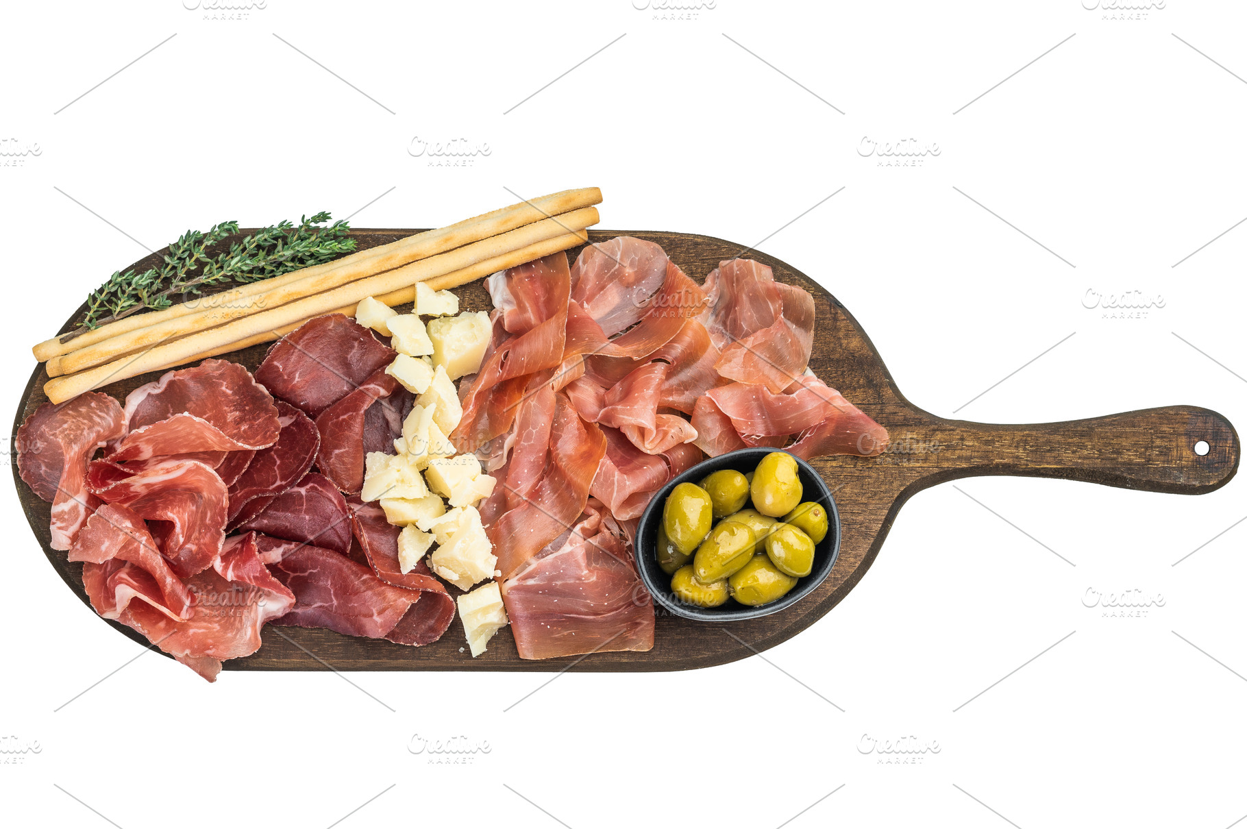 Mixed Italian salumi with parmesan pieces, olives and breadstick, a Food & Drink Photo by composter-box@mail.ru
