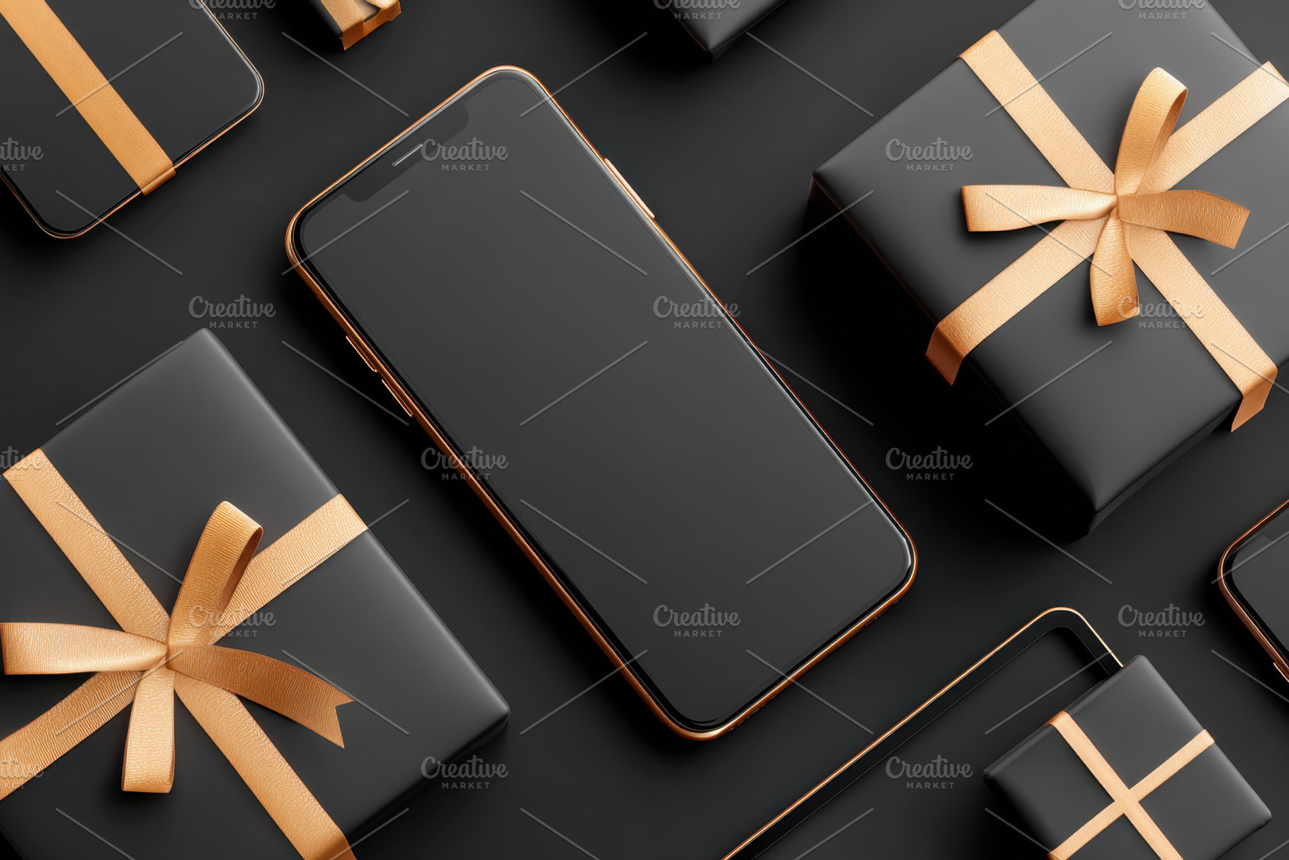 Smartphone surrounded by elegant black gift boxes, a Holiday Photo by AlyaAnd