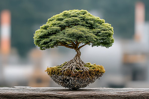 Eco business concept with floating bonsai tree and exposed roots symbolizing su, a Photo by AS photostudio