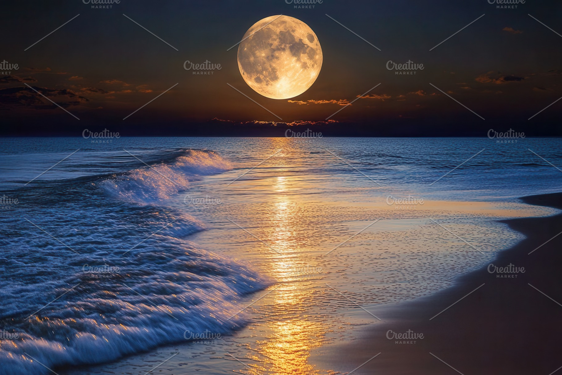 The full moon rising over the ocean, a Photo by Pavel_design
