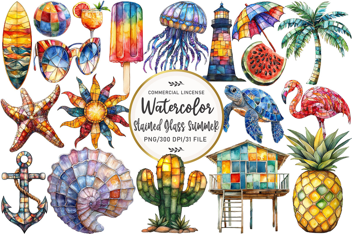 Stained Glass Summer Clipart, an Illustration by OK Design (Photo 1 of 5)