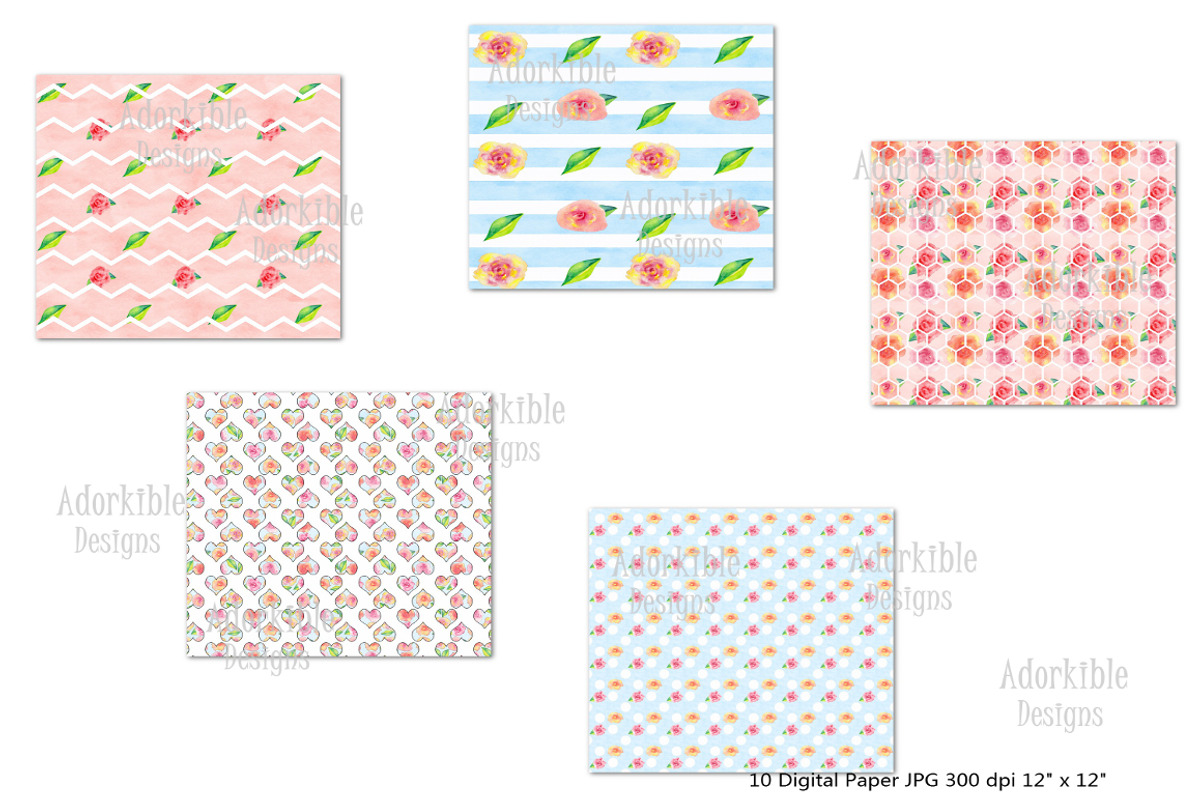 Watercolor Floral Digital Papers, a Pattern Graphic by adorkible (Photo 3 of 3)