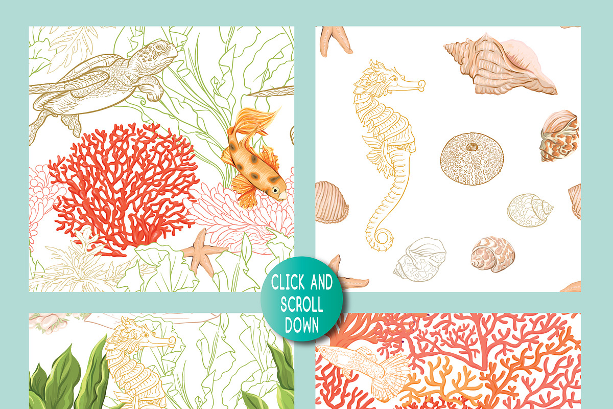 8 Sea World Seamless Patterns, a Pattern Graphic by Elen-Lane