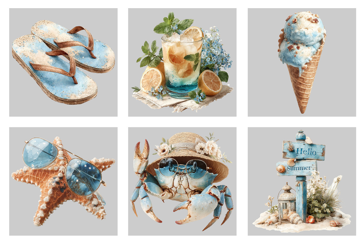 Watercolor Summer Beach Clipart, an Illustration by Black Bird Studio (Photo 4 of 4)