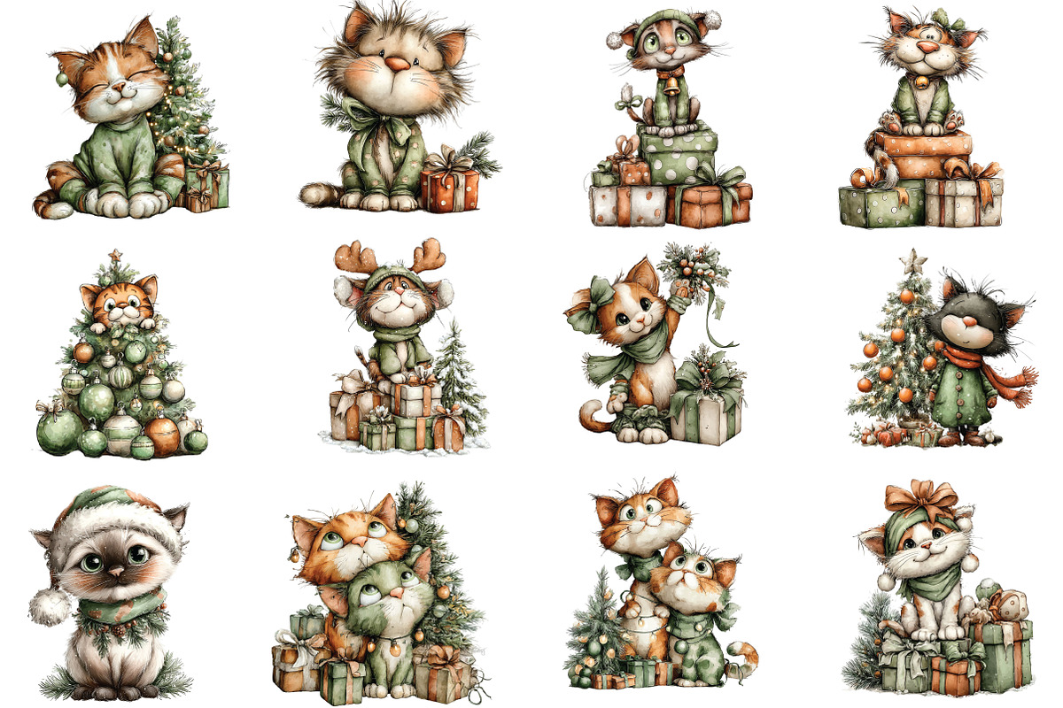 whimsical Christmas cat clipart, an Illustration by CraftArtStudio (Photo 2 of 6)