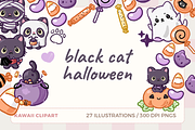 Kawaii Black Cat Clipart, a Seasonal Illustration by TheClipAtelier (Thumbnail 1 of 3)