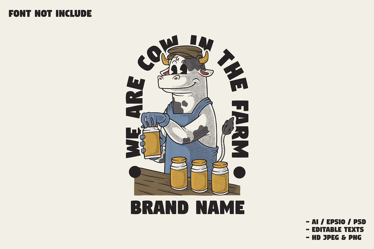 retro cow holding a bottle, a Branding & Logo Template by Judsart