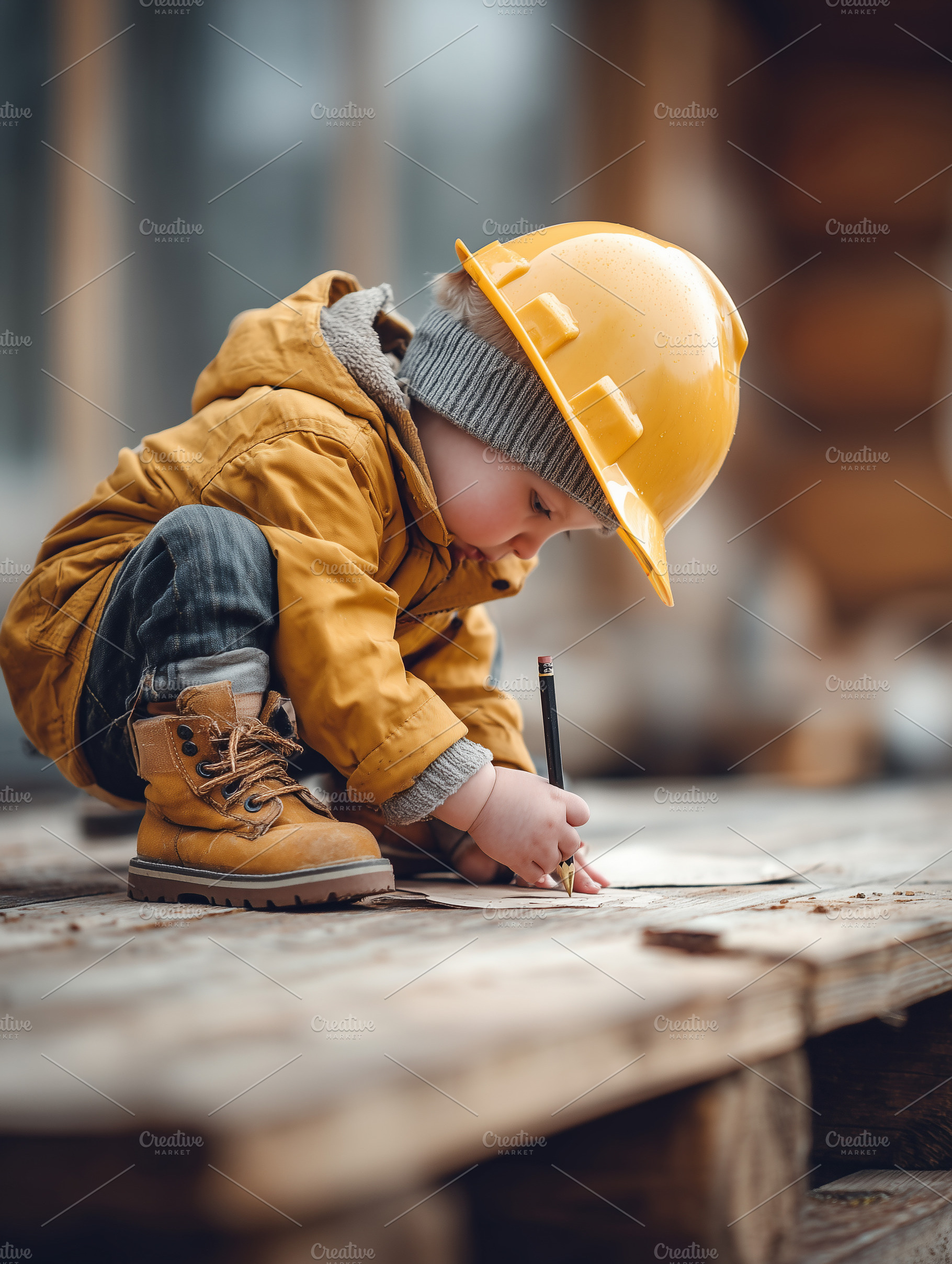 Adorable toddler in a yellow hardhat, an Industrial Photo by MistyDay