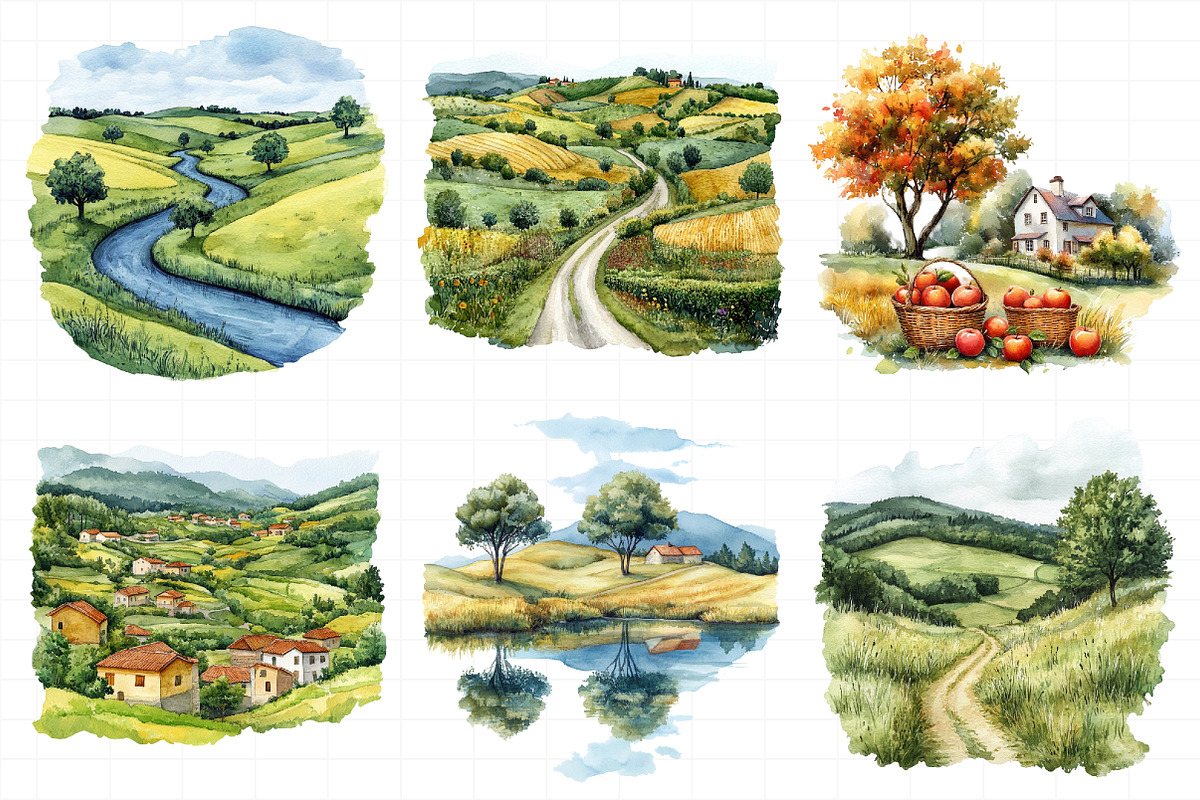 Rural Lanscape Watercolor Clipart, an Illustration by Daily.Designs (Photo 5 of 5)