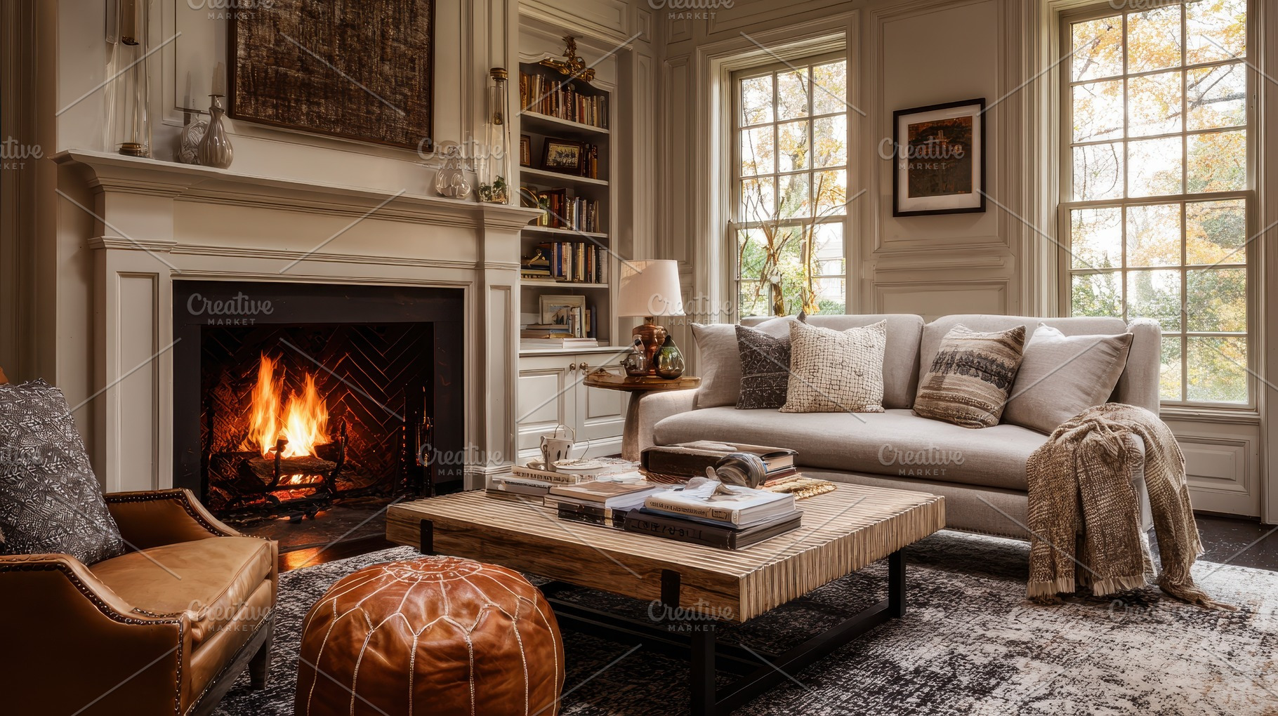 Cozy living room with a warm firepla, a Photo by Pavel_design