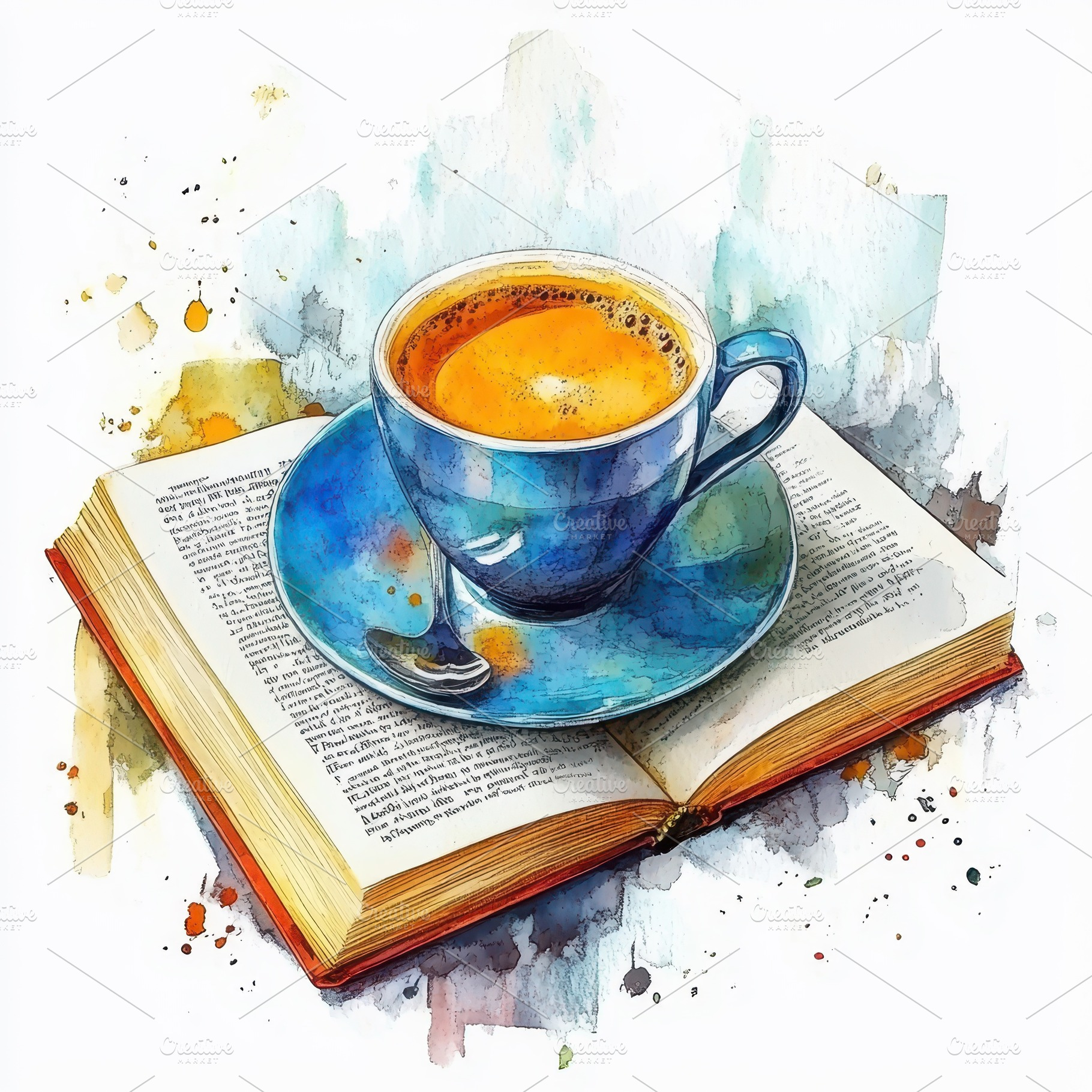 Coffee cup on open book watercolor p, a Food & Drink Photo by Pixeness Studio
