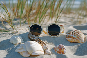 Sandy beach scene with seashells, a Photo by Pavel_design