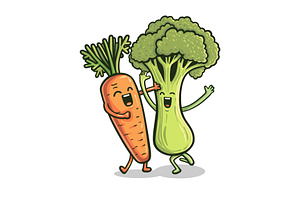 Happy Carrot Broccoli Cartoon