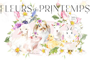 Spring Flora Farm Animals Watercolor