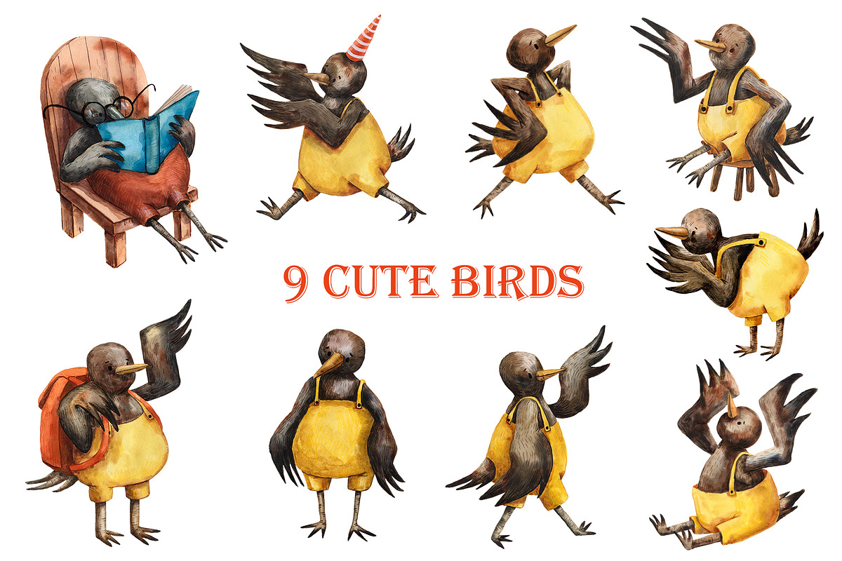 Bird's Birthday - Watercolor Clipart, an Animal Illustration by Mashamashastu (Photo 2 of 12)