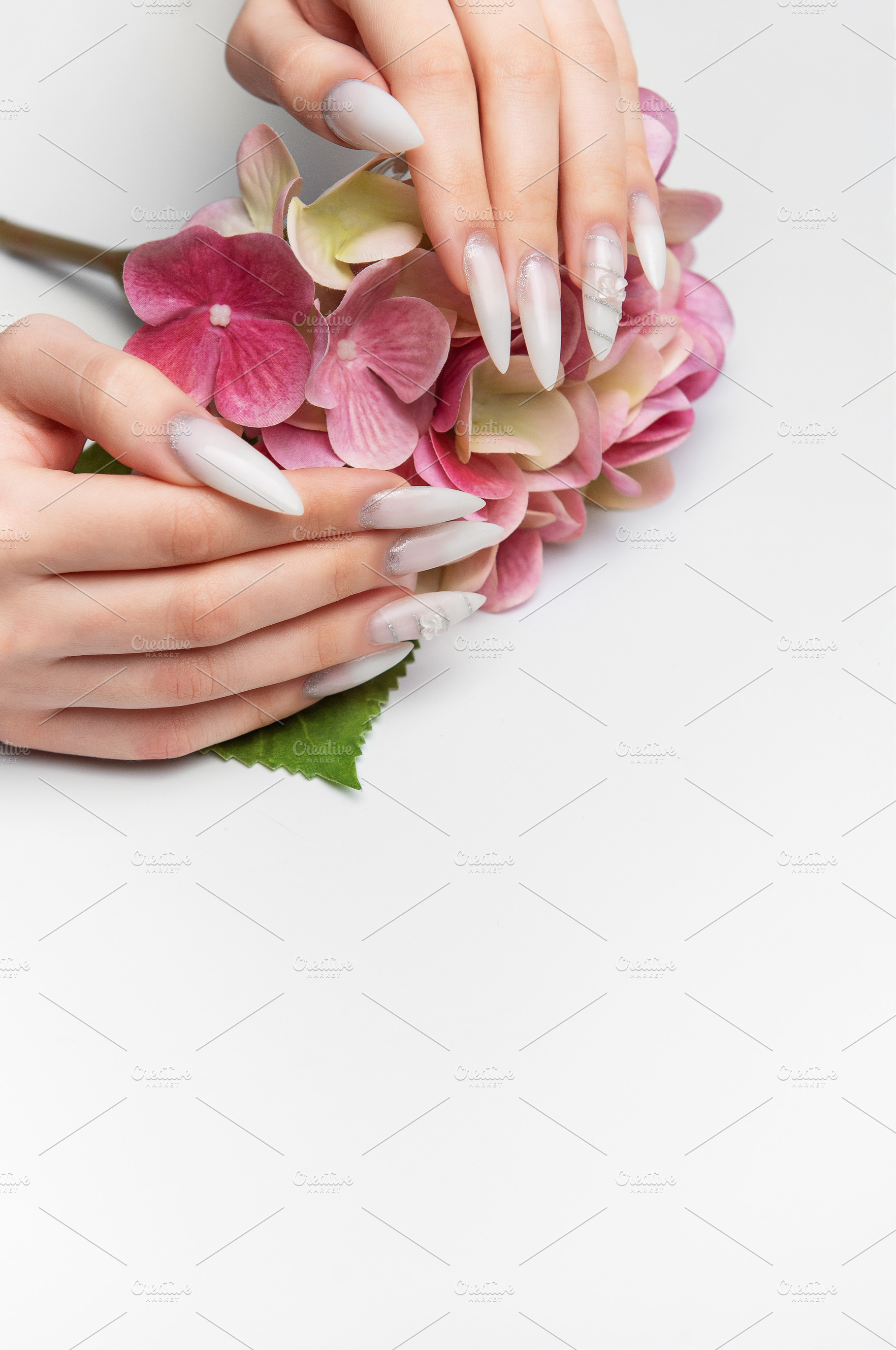 Woman's hands holding pink hydrangea with elegant manicure, a Health & Medical Photo by Olena Rudo