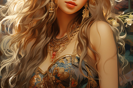 A beautiful bohemian woman with long, flowing hair adorned with a vibrant flora, a Beauty & Fashion Photo by Textures & Backgrounds