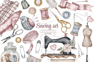 Watercolor vintage sewing clipart