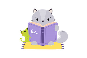 Cute baby raccoon reading book, an Animal Illustration by TopVectors