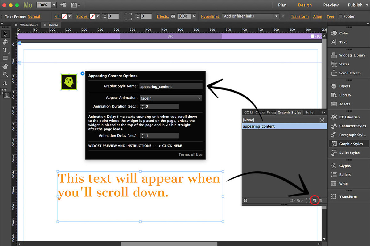 Appearing Content Adobe Muse Widget, a Plug-in Add-On by MuseTemplatesPro (Photo 2 of 2)