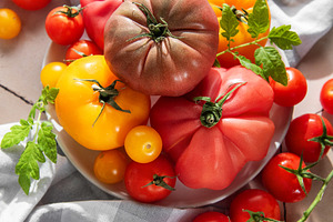 Fresh heirloom tomatoes and cherry tomatoes on tile surface, a Food & Drink Photo by Olena Rudo
