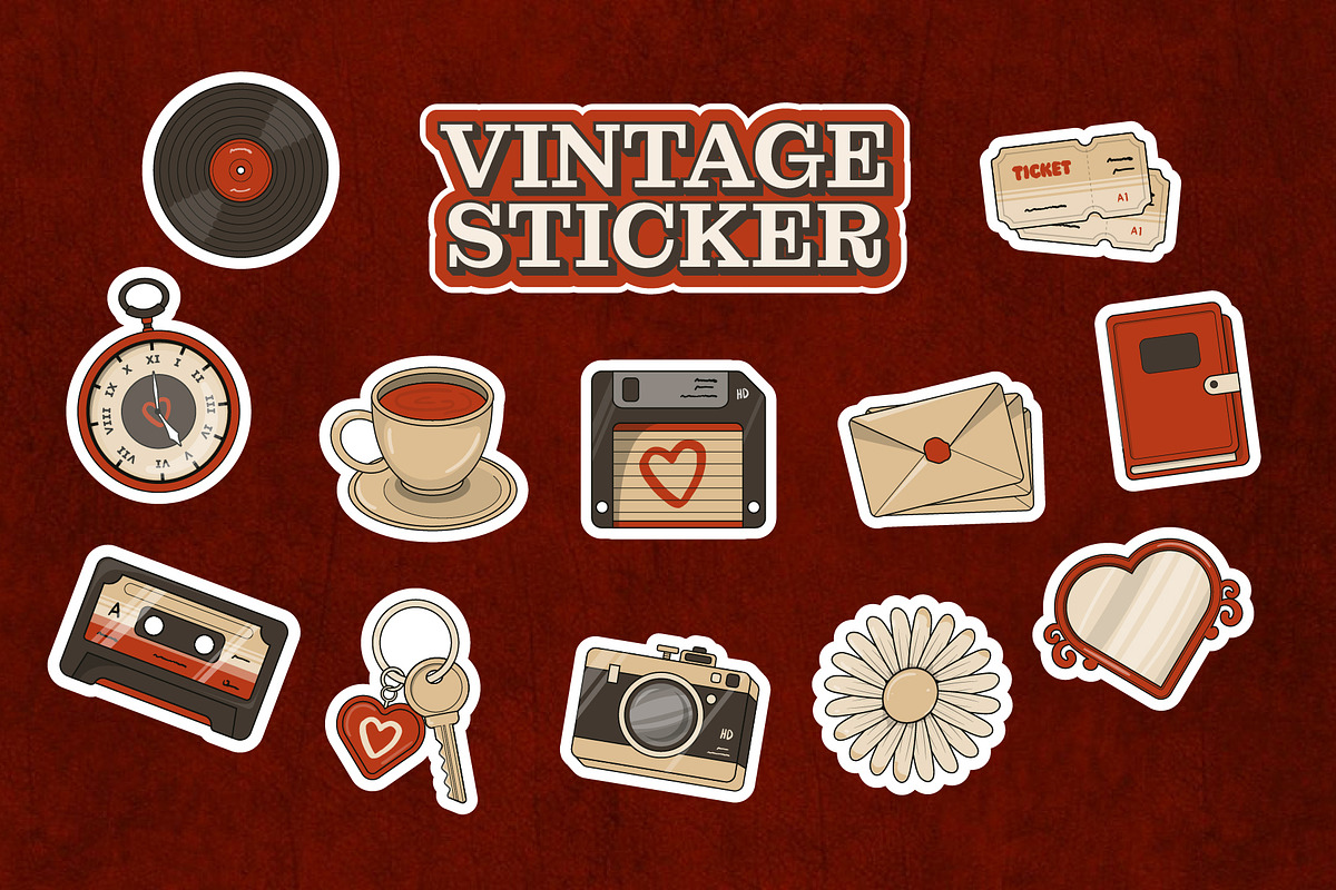 Vintage Sticker Set, an Object Illustration by Creathub Studio (Photo 1 of 4)