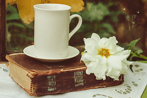 Autumn still life in retro style containing background, table, and cup