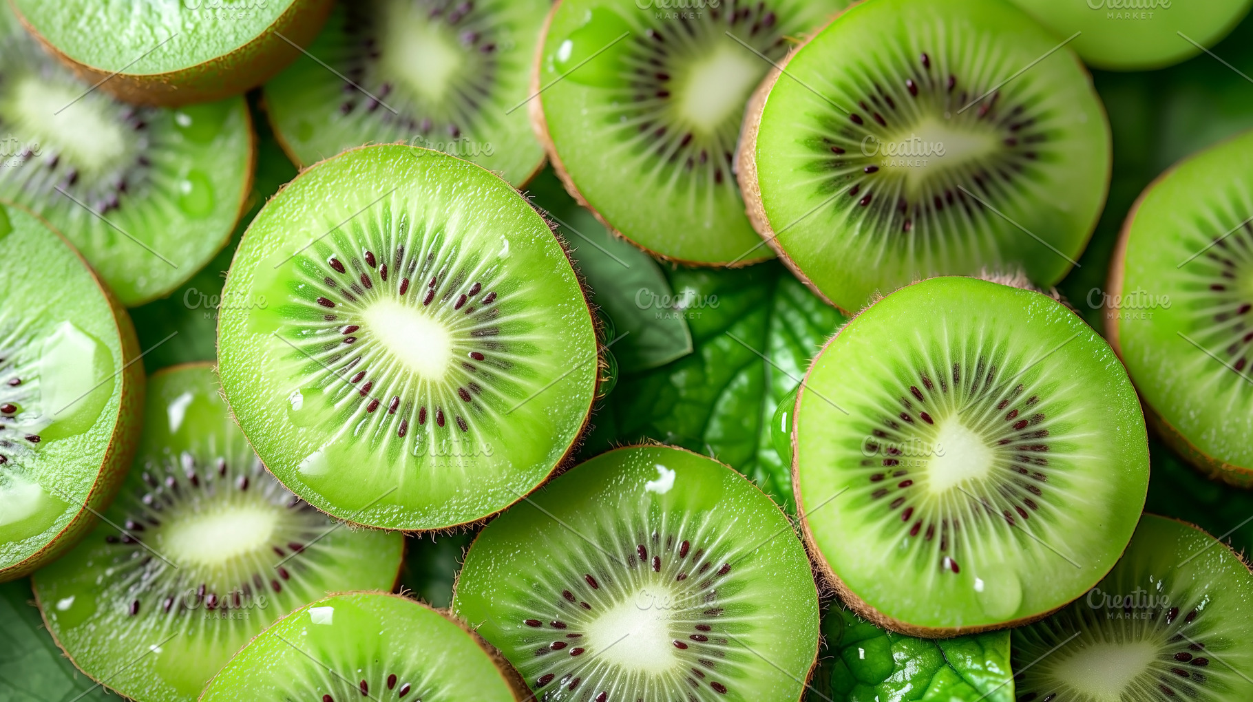 Freshly sliced kiwi fruit showcasing vibrant green flesh and ric, a Food & Drink Photo by ImageMir