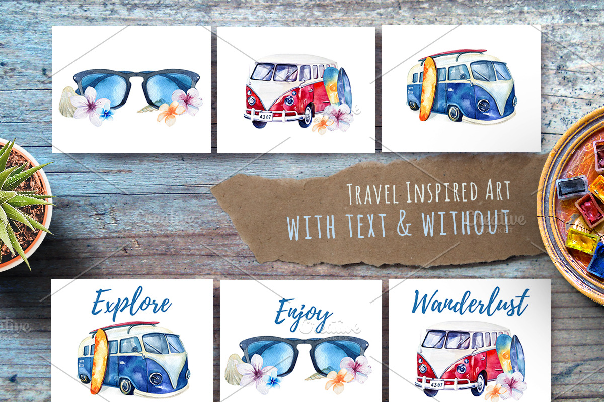 Watercolor travel & surfung set, a Transportation Illustration by Peace ART (Photo 5 of 5)