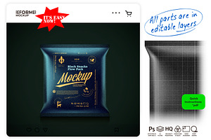 Black Snacks Flow Pack Mockup, a Packaging Mockup by Reformer Mockup