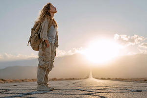 Young traveler gazes at sunset on a deserted road in a serene landscape, a Person Photo by AlyaAnd