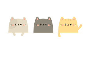 Cute Cat Set Hanging On White Paper.