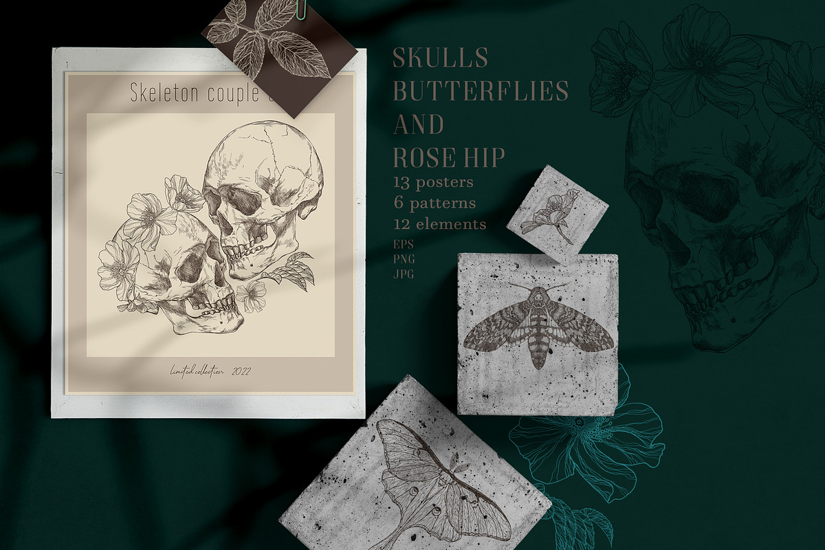 SKULLS, BUTTERFLIES AND ROSE HIP, a Texture Illustration by LanaDzi (Photo 1 of 12)