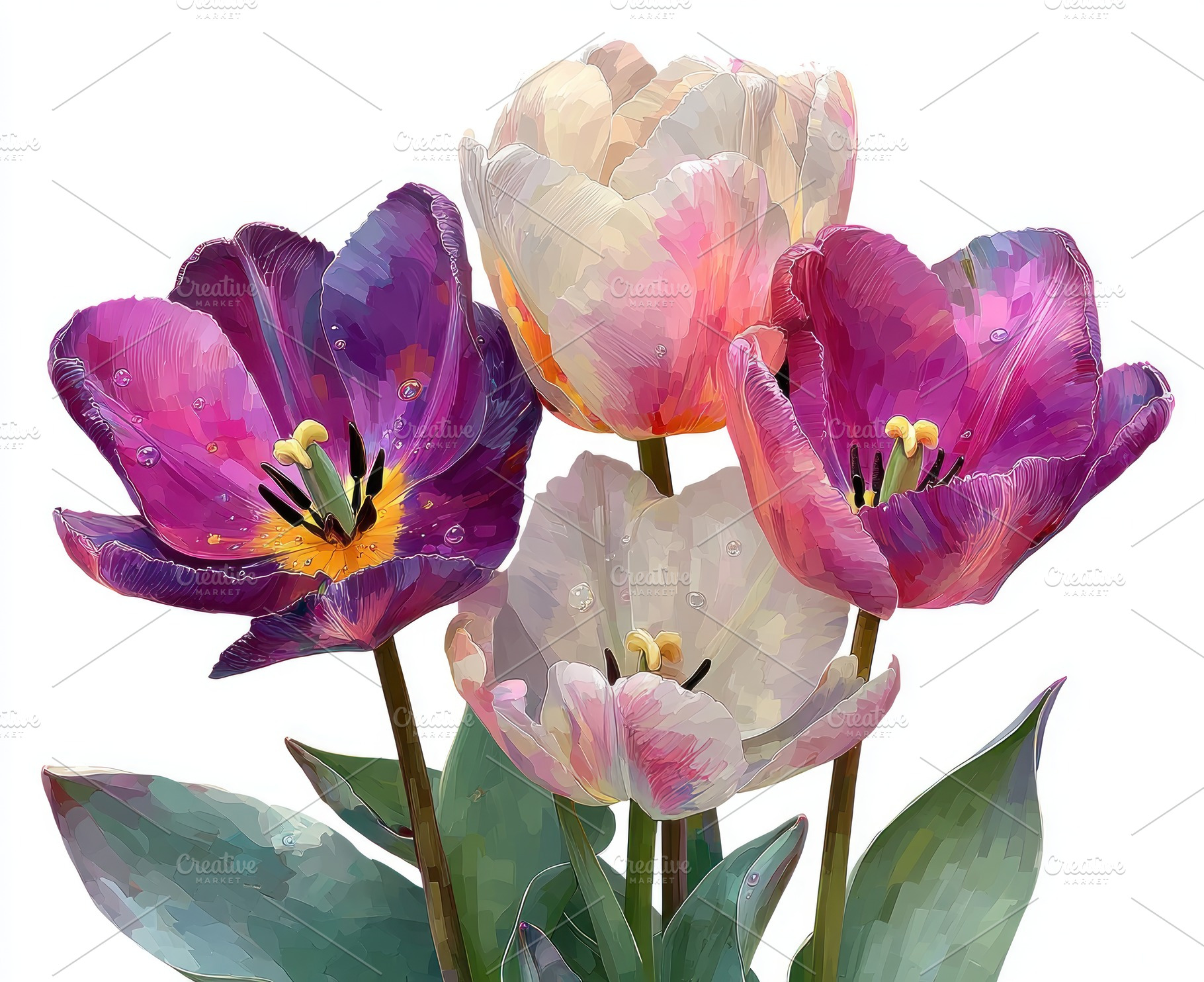 Close-up of vibrant purple and white tulips with water droplets, a Nature Photo by José Manuel Gelpi