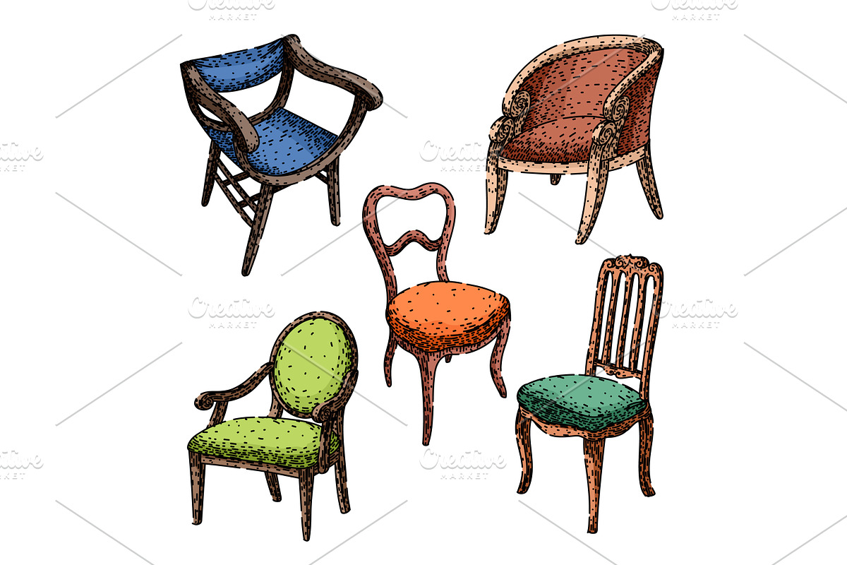 antique chair set sketch hand drawn, an Illustration by pikepicture