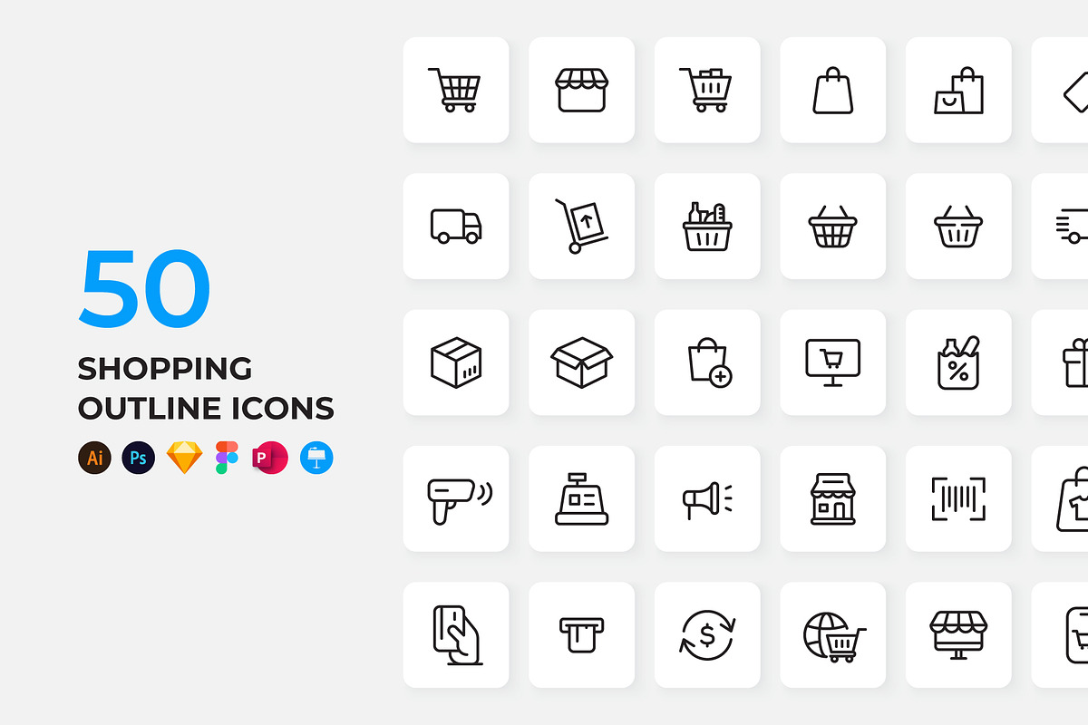 50 Shopping Outline Icons, an Outline Icon by Abert (Photo 1 of 3)