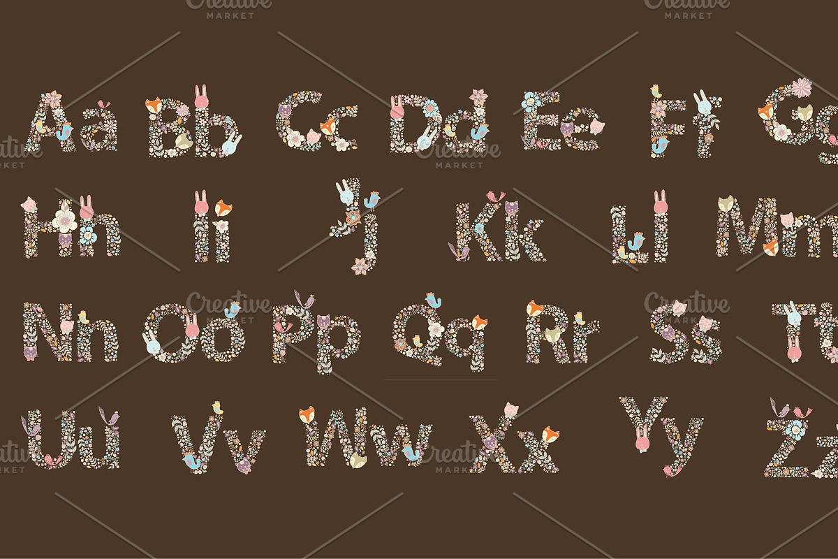 A-Z Font Design Cute Animal Flower