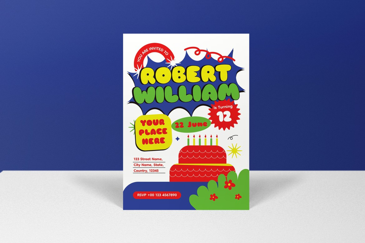 Blue Pink Kids Birthday Invitation, an Invitation Template by graphicook (Photo 3 of 3)