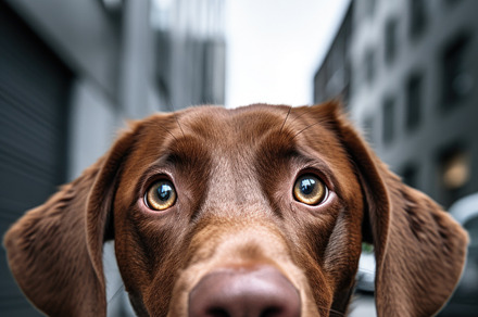 A close up of a dog on the street