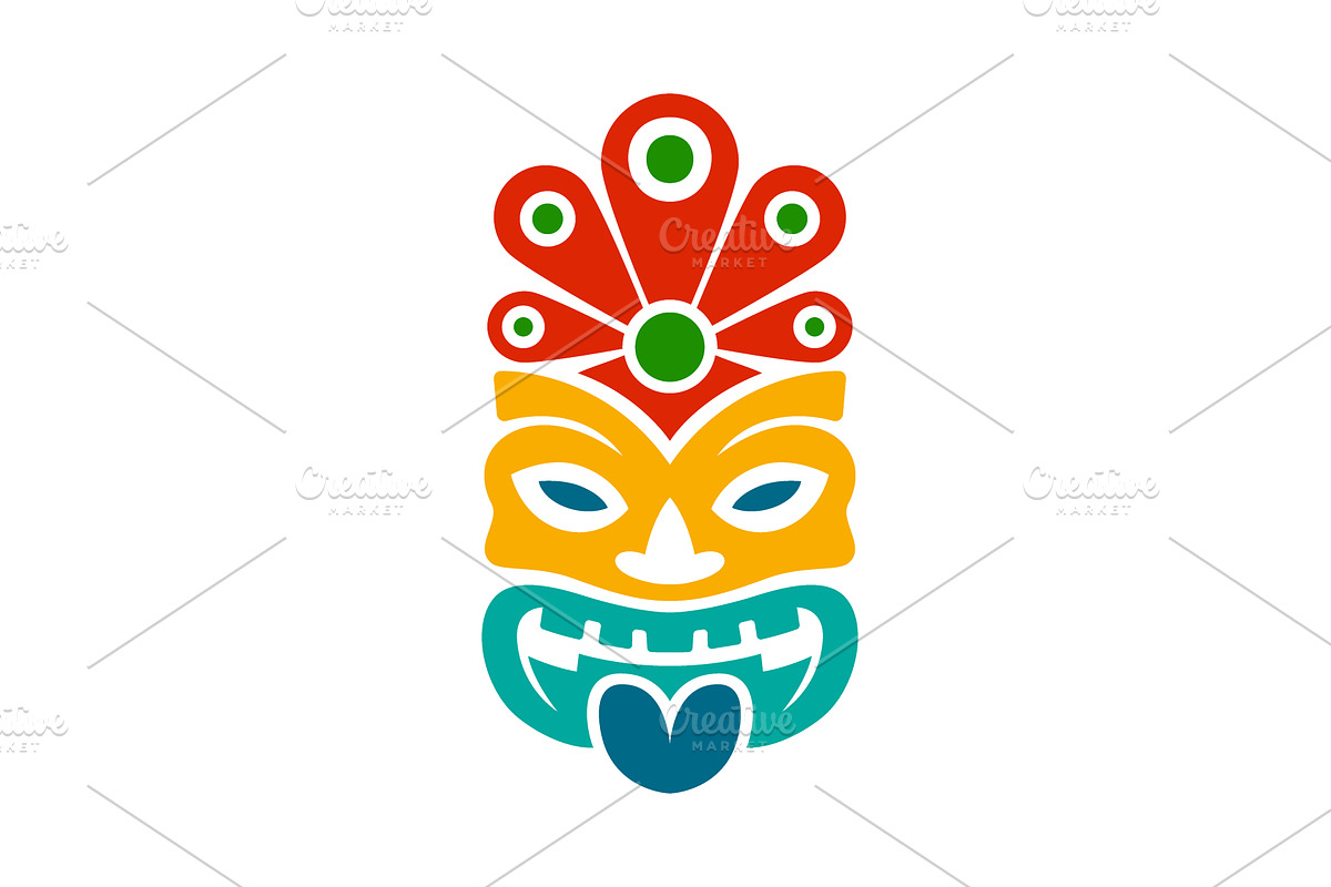 Ornamental tiki mask with peacock, an Illustration by GraphiShop