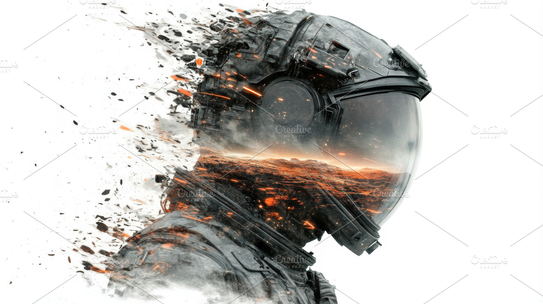 Double exposure of male astronaut with futuristic helmet and cos, a Photo by Dvoevnore photos