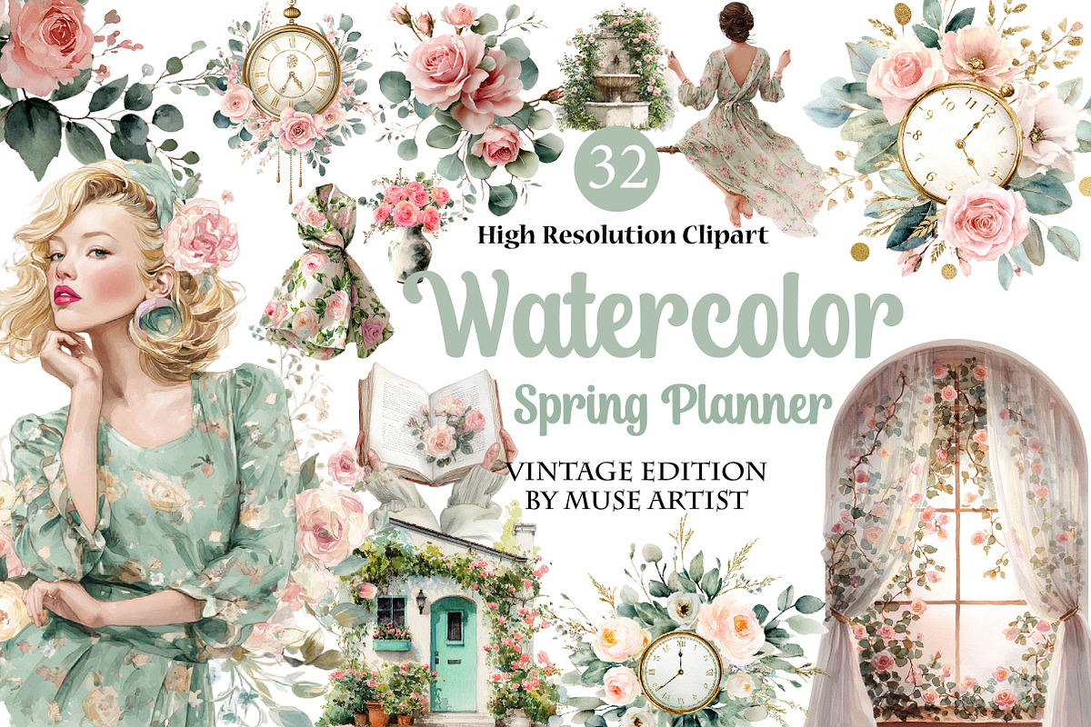 Watercolor Spring Planner Clipart, an Illustration by DreamArtGraphic (Photo 1 of 4)