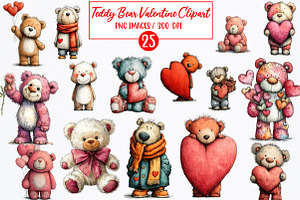 Lovely Teddy Bear Valentine Clipart, an Illustration by Watercolor design
