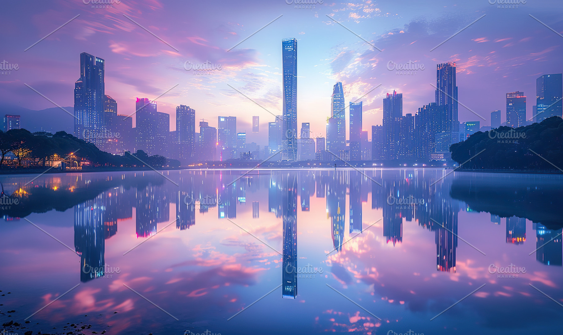 A tranquil city skyline at sunset re, a Photo by LOGOCREATIVE