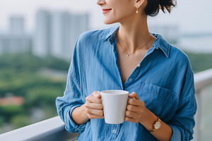 Smiling asian woman enjoying coffee, a Person Photo by MistyDay