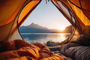 View of sunrise over the lake from inside a tent in the mountains, a Photo by AlyaAnd
